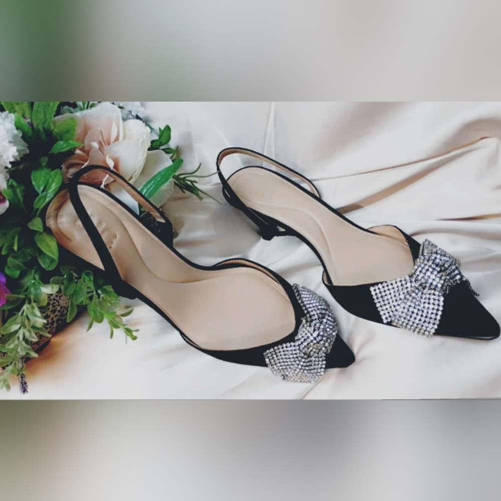 INC International Concepts Black Slingback Heels with Sparkling Bow